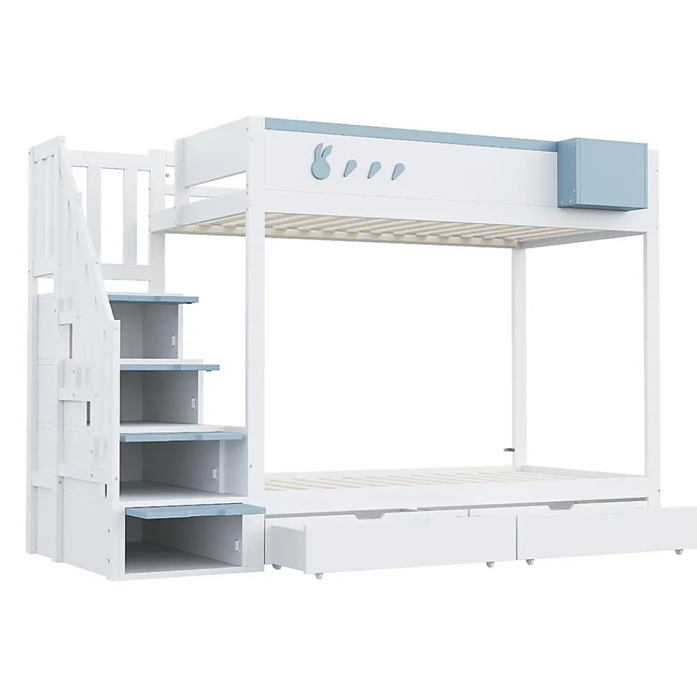Blackcolors Lit superposé pour enfant 90x200,blanc et bleu, motifs lapins et carottes, rangement amovible, échelle sécurisée*Enfant Lit Enfant