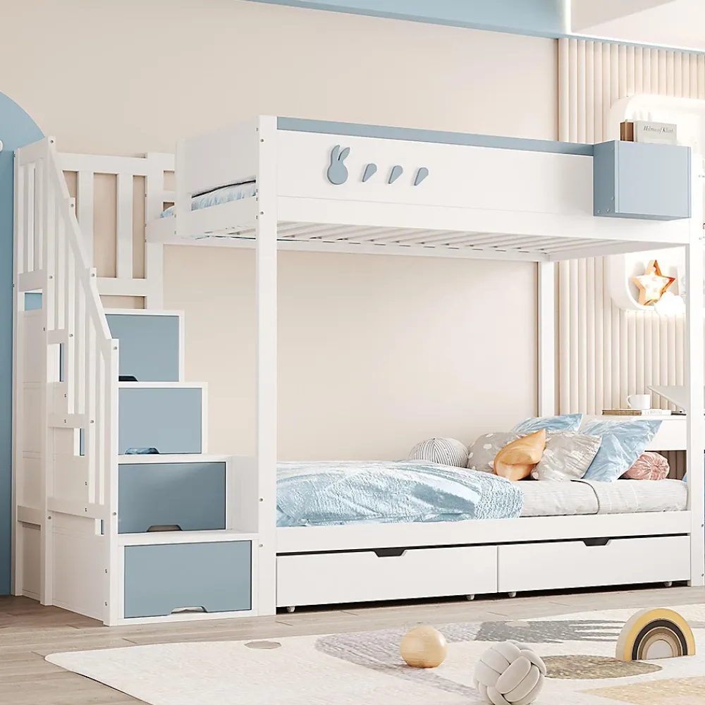 Blackcolors Lit superposé pour enfant 90x200,blanc et bleu, motifs lapins et carottes, rangement amovible, échelle sécurisée*Enfant Lit Enfant
