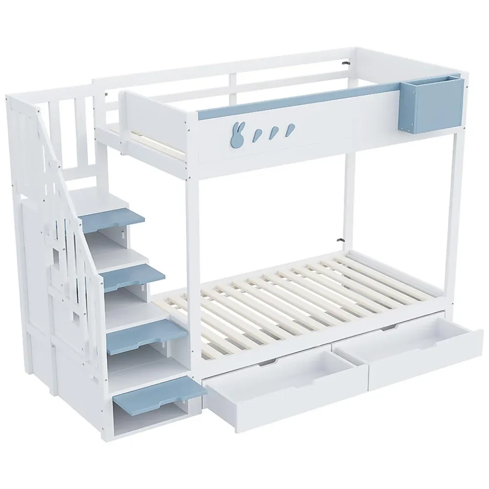 Blackcolors Lit superposé pour enfant 90x200,blanc et bleu, motifs lapins et carottes, rangement amovible, échelle sécurisée*Enfant Lit Enfant