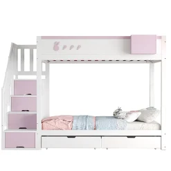Blackcolors Lit superposé pour enfant 90x200cm,blanc+rose, motifs lapins et carottes, rangement amovible, échelle sécurisée, tiroirs*Enfant Lit Enfant