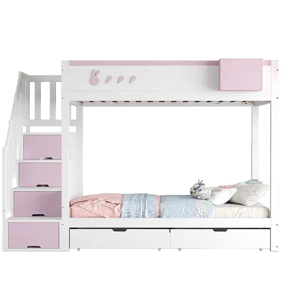 Blackcolors Lit superposé pour enfant 90x200cm,blanc+rose, motifs lapins et carottes, rangement amovible, échelle sécurisée, tiroirs*Enfant Lit Enfant