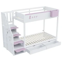 Blackcolors Lit superposé pour enfant 90x200cm,blanc+rose, motifs lapins et carottes, rangement amovible, échelle sécurisée, tiroirs*Enfant Lit Enfant