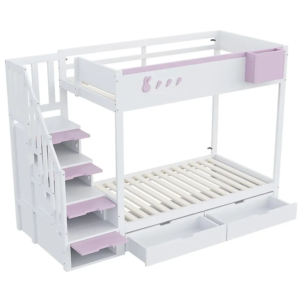Blackcolors Lit superposé pour enfant 90x200cm,blanc+rose, motifs lapins et carottes, rangement amovible, échelle sécurisée, tiroirs*Enfant Lit Enfant