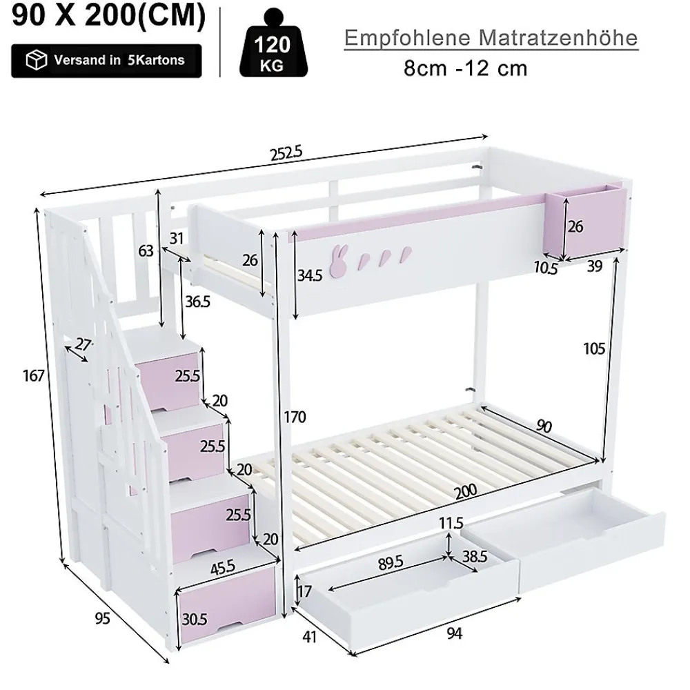 Blackcolors Lit superposé pour enfant 90x200cm,blanc+rose, motifs lapins et carottes, rangement amovible, échelle sécurisée, tiroirs*Enfant Lit Enfant
