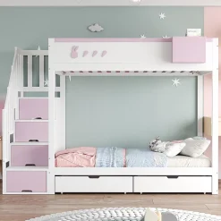 Blackcolors Lit superposé pour enfant 90x200cm,blanc+rose, motifs lapins et carottes, rangement amovible, échelle sécurisée, tiroirs*Enfant Lit Enfant