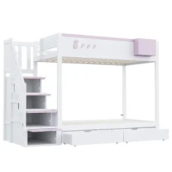 Blackcolors Lit superposé pour enfant 90x200cm,blanc+rose, motifs lapins et carottes, rangement amovible, échelle sécurisée, tiroirs*Enfant Lit Enfant