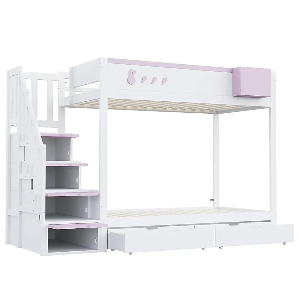 Blackcolors Lit superposé pour enfant 90x200cm,blanc+rose, motifs lapins et carottes, rangement amovible, échelle sécurisée, tiroirs*Enfant Lit Enfant