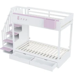 Blackcolors Lit superposé pour enfant 90x200cm,blanc+rose, motifs lapins et carottes, rangement amovible, échelle sécurisée, tiroirs*Enfant Lit Enfant