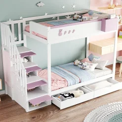 Blackcolors Lit superposé pour enfant 90x200cm,blanc+rose, motifs lapins et carottes, rangement amovible, échelle sécurisée, tiroirs*Enfant Lit Enfant