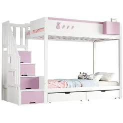 Blackcolors Lit superposé pour enfant 90x200cm,blanc+rose, motifs lapins et carottes, rangement amovible, échelle sécurisée, tiroirs*Enfant Lit Enfant