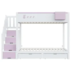 Blackcolors Lit superposé pour enfant 90x200cm,blanc+rose, motifs lapins et carottes, rangement amovible, échelle sécurisée, tiroirs*Enfant Lit Enfant