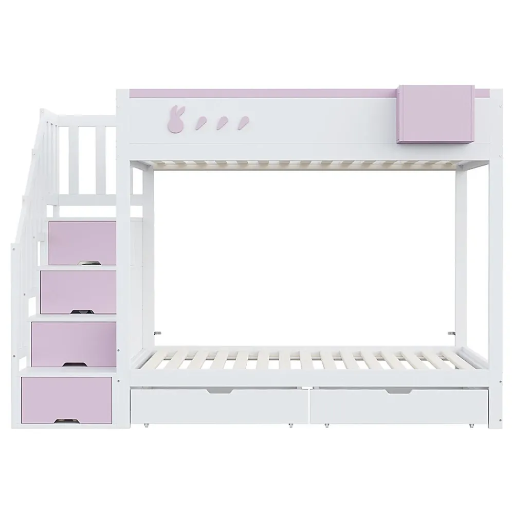 Blackcolors Lit superposé pour enfant 90x200cm,blanc+rose, motifs lapins et carottes, rangement amovible, échelle sécurisée, tiroirs*Enfant Lit Enfant