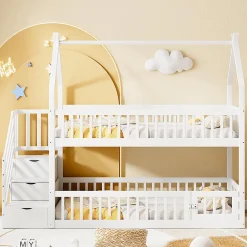 Lit superposé pour enfants en bois massif,90x200cm,blanc, avec toit, échelle de sécurité et tiroirs de rangement>Blackcolors Discount
