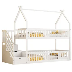 Lit superposé pour enfants en bois massif,90x200cm,blanc, avec toit, échelle de sécurité et tiroirs de rangement>Blackcolors Discount