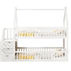 Lit superposé pour enfants en bois massif,90x200cm,blanc, avec toit, échelle de sécurité et tiroirs de rangement><noscript><img width=