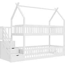 Lit superposé pour enfants en bois massif,90x200cm,blanc, avec toit, échelle de sécurité et tiroirs de rangement><noscript><img width=