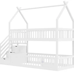 Lit superposé pour enfants en bois massif,90x200cm,blanc, avec toit, échelle de sécurité et tiroirs de rangement><noscript><img width=