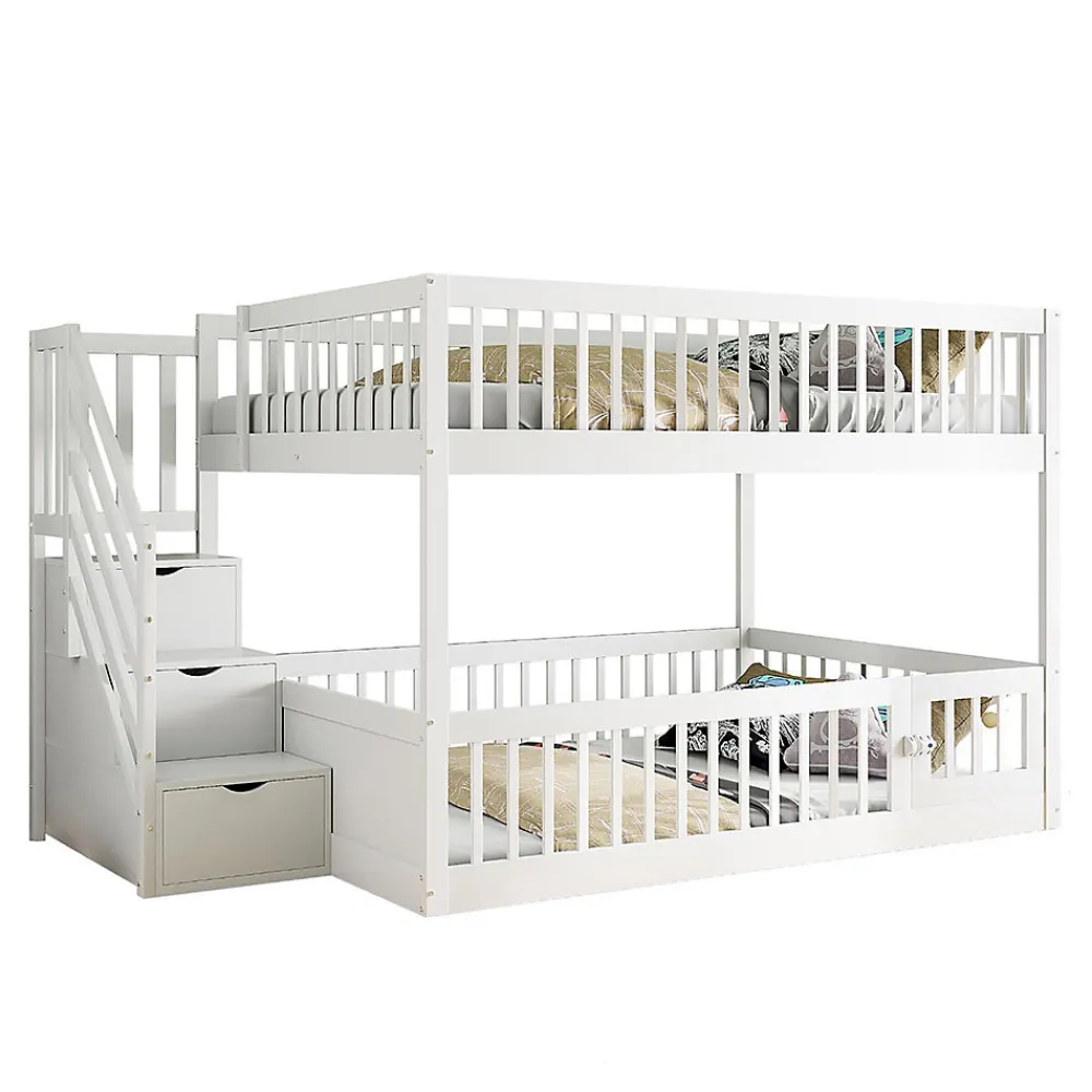 Lit superposé pour enfants et adolescents,140x200cm,bois blanc,échelle de sécurité et tiroirs>Blackcolors Hot