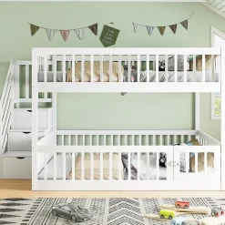 Lit superposé pour enfants et adolescents,140x200cm,bois blanc,échelle de sécurité et tiroirs><noscript><img width=