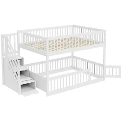 Lit superposé pour enfants et adolescents,140x200cm,bois blanc,échelle de sécurité et tiroirs><noscript><img width=