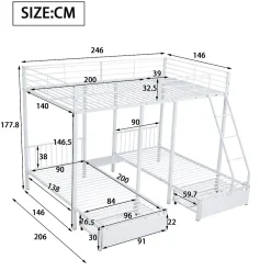 ProximaX Lit superposé triple, cadre de lit métallique, 140x200cm et 2 lit 90x200cm, avec échelle et 2 tiroirs, sommier inclus, blanc*Enfant Lit Enfant