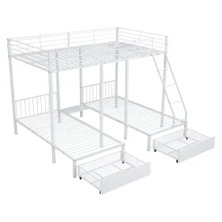 ProximaX Lit superposé triple, cadre de lit métallique, 140x200cm et 2 lit 90x200cm, avec échelle et 2 tiroirs, sommier inclus, blanc*Enfant Lit Enfant
