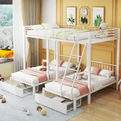 ProximaX Lit superposé triple, cadre de lit métallique, 140x200cm et 2 lit 90x200cm, avec échelle et 2 tiroirs, sommier inclus, blanc*Enfant Lit Enfant