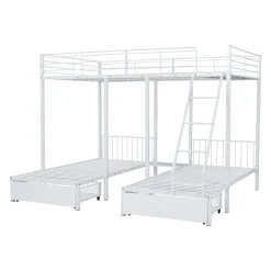 ProximaX Lit superposé triple, cadre de lit métallique, 140x200cm et 2 lit 90x200cm, avec échelle et 2 tiroirs, sommier inclus, blanc*Enfant Lit Enfant