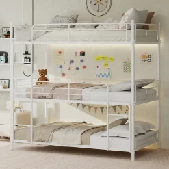 Lit Superposé Triple 90x190 cm - avec Échelle Intégrée et Garde-Corps, Structure en Métal, pour Enfant Ado, sans Matelas, Blanc>Okwish Outlet