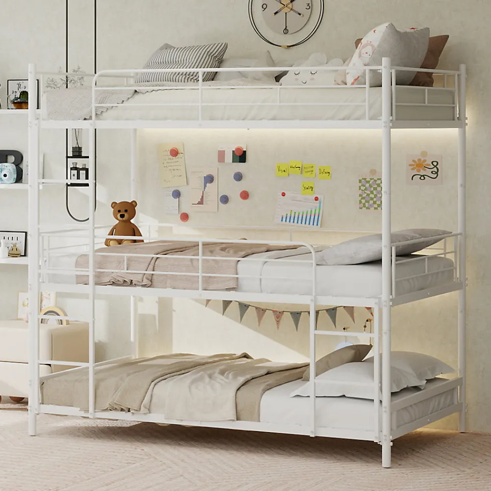 Lit Superposé Triple 90x190 cm - avec Échelle Intégrée et Garde-Corps, Structure en Métal, pour Enfant Ado, sans Matelas, Blanc>Okwish Outlet