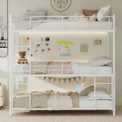 Lit Superposé Triple 90x190 cm - avec Échelle Intégrée et Garde-Corps, Structure en Métal, pour Enfant Ado, sans Matelas, Blanc>Okwish Outlet