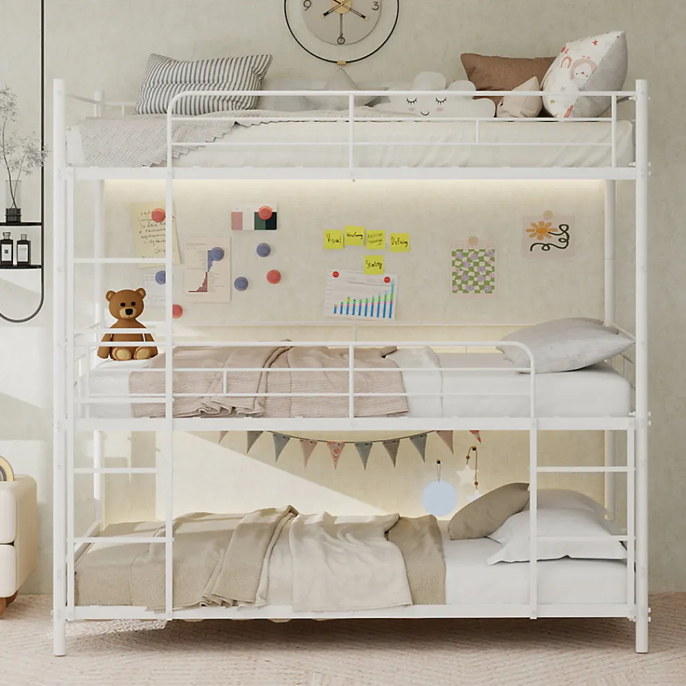 Lit Superposé Triple 90x190 cm - avec Échelle Intégrée et Garde-Corps, Structure en Métal, pour Enfant Ado, sans Matelas, Blanc>Okwish Outlet