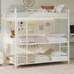 Lit Superposé Triple 90x190 cm - avec Échelle Intégrée et Garde-Corps, Structure en Métal, pour Enfant Ado, sans Matelas, Blanc><noscript><img width=