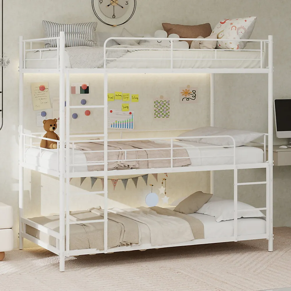 Lit Superposé Triple 90x190 cm - avec Échelle Intégrée et Garde-Corps, Structure en Métal, pour Enfant Ado, sans Matelas, Blanc>Okwish Outlet