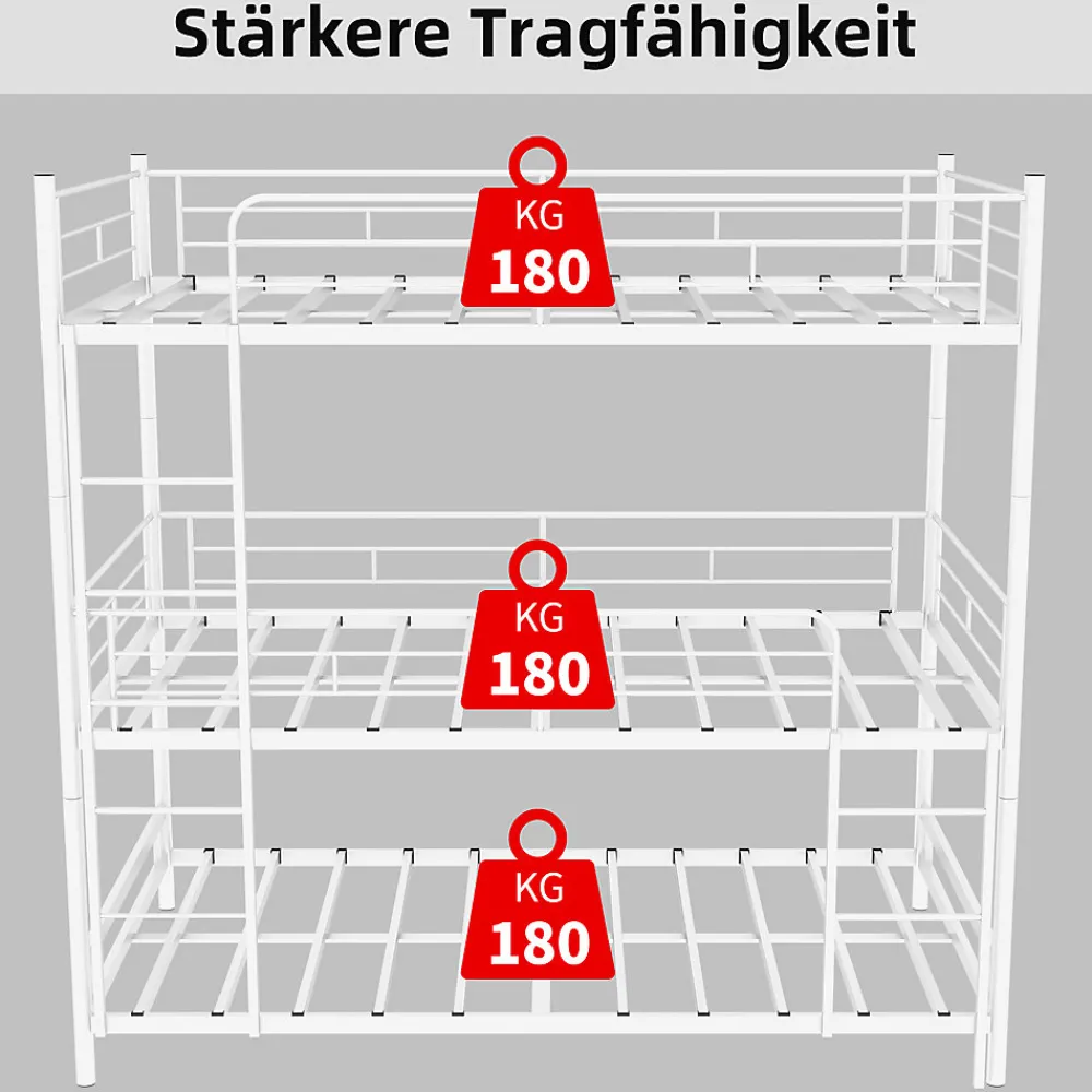 Lit Superposé Triple 90x190 cm - avec Échelle Intégrée et Garde-Corps, Structure en Métal, pour Enfant Ado, sans Matelas, Blanc>Okwish Outlet