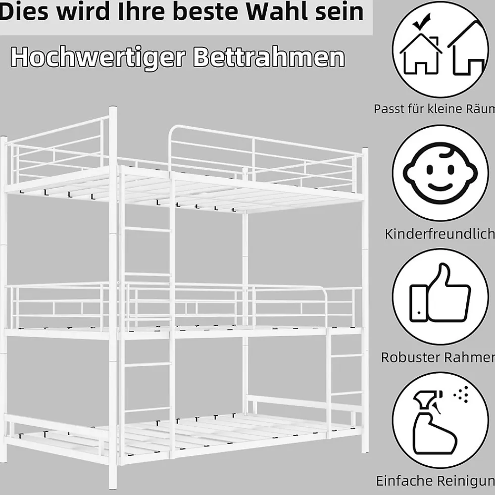 Lit Superposé Triple 90x190 cm - avec Échelle Intégrée et Garde-Corps, Structure en Métal, pour Enfant Ado, sans Matelas, Blanc>Okwish Outlet