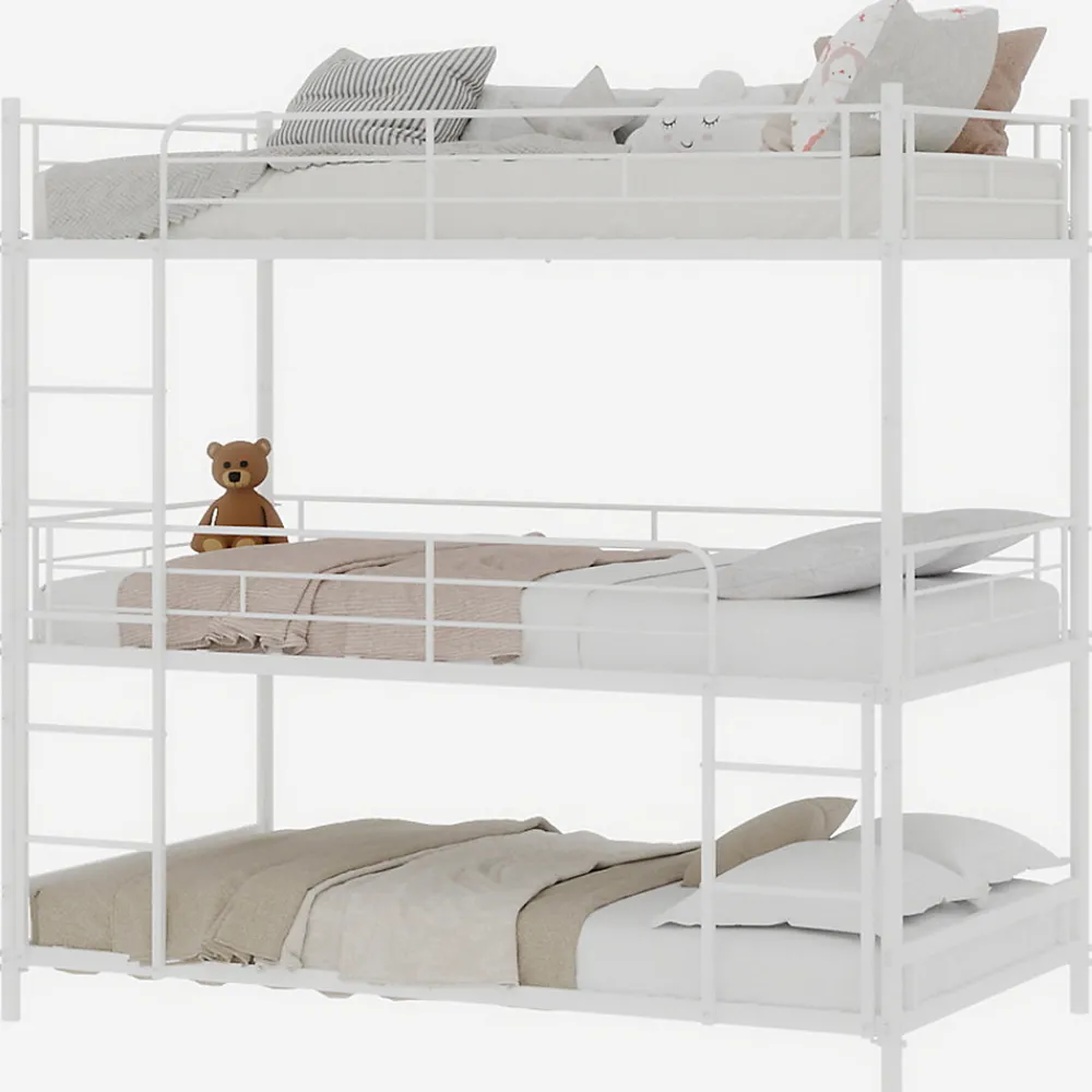Lit Superposé Triple 90x190 cm - avec Échelle Intégrée et Garde-Corps, Structure en Métal, pour Enfant Ado, sans Matelas, Blanc>Okwish Outlet