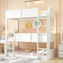 Lit superposé triple 90x200 cm avec rail haut - Transformable en 3 lits simples - Bois - Sans matelas - Blanc>Okwish Outlet