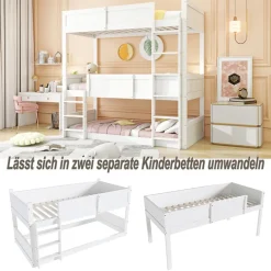Lit superposé triple 90x200 cm avec rail haut - Transformable en 3 lits simples - Bois - Sans matelas - Blanc><noscript><img width=