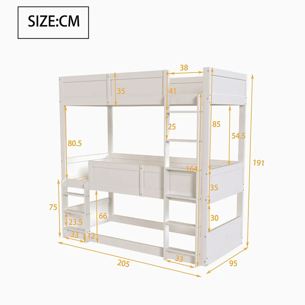 Lit superposé triple 90x200 cm avec rail haut - Transformable en 3 lits simples - Bois - Sans matelas - Blanc>Okwish Outlet