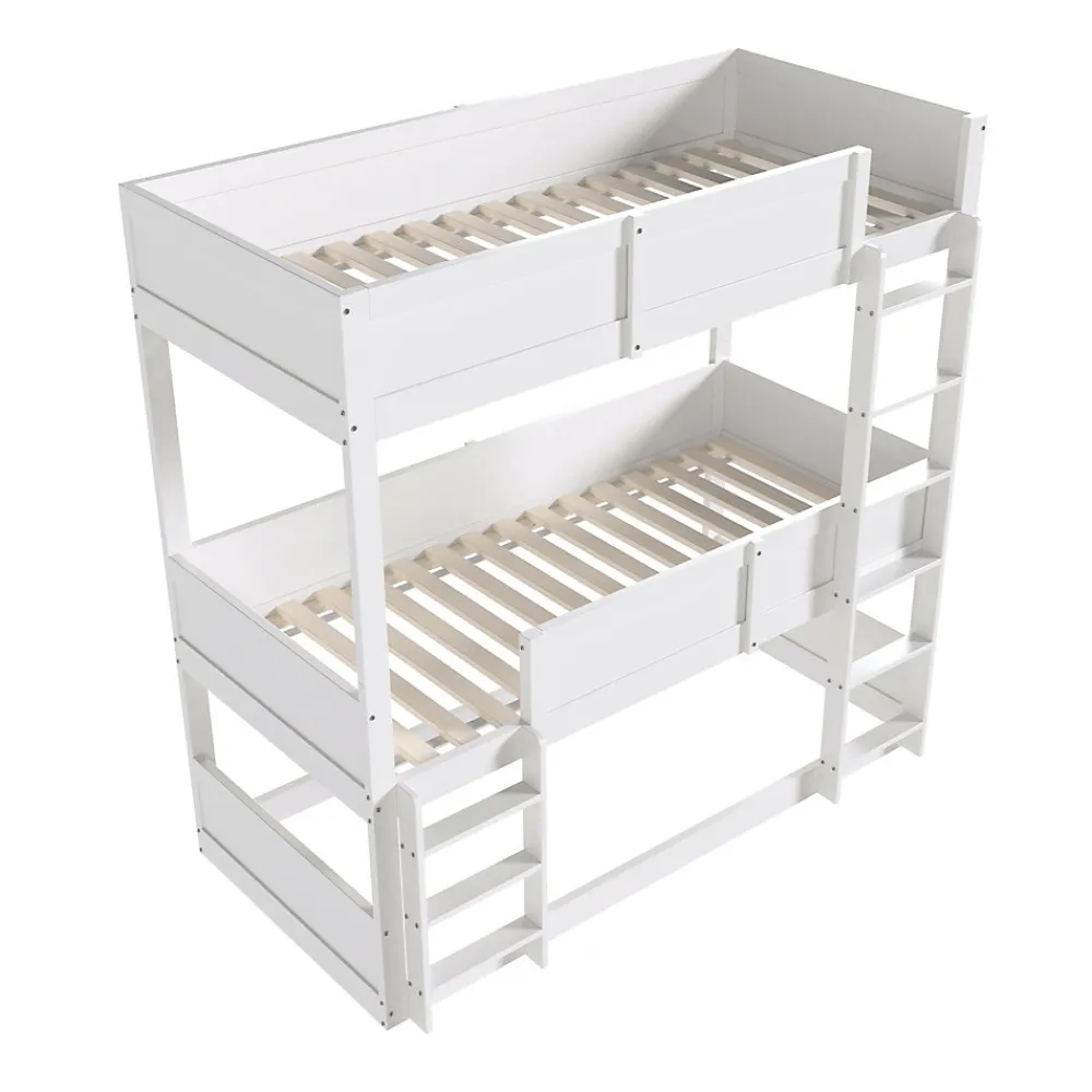 Lit superposé triple 90x200 cm avec rail haut - Transformable en 3 lits simples - Bois - Sans matelas - Blanc>Okwish Outlet