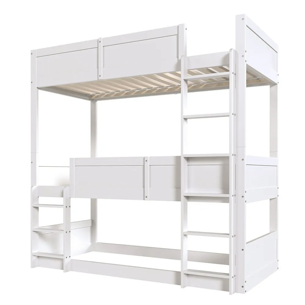 Lit superposé triple 90x200 cm avec rail haut - Transformable en 3 lits simples - Bois - Sans matelas - Blanc>Okwish Outlet