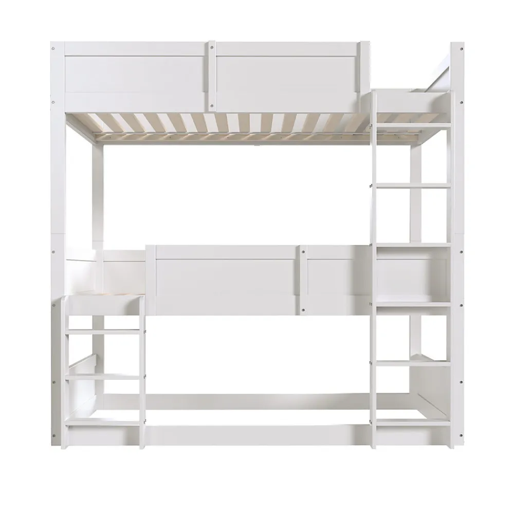 Lit superposé triple 90x200 cm avec rail haut - Transformable en 3 lits simples - Bois - Sans matelas - Blanc>Okwish Outlet