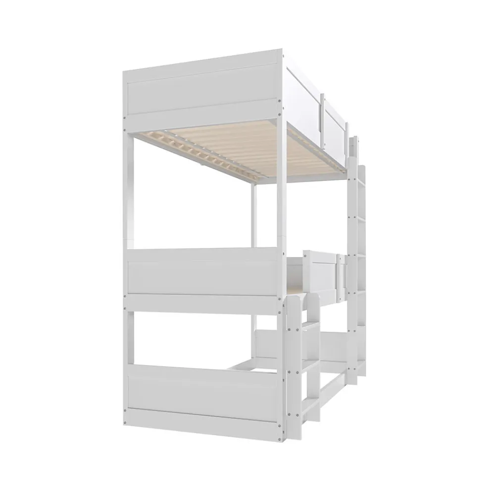 Lit superposé triple 90x200 cm avec rail haut - Transformable en 3 lits simples - Bois - Sans matelas - Blanc>Okwish Outlet