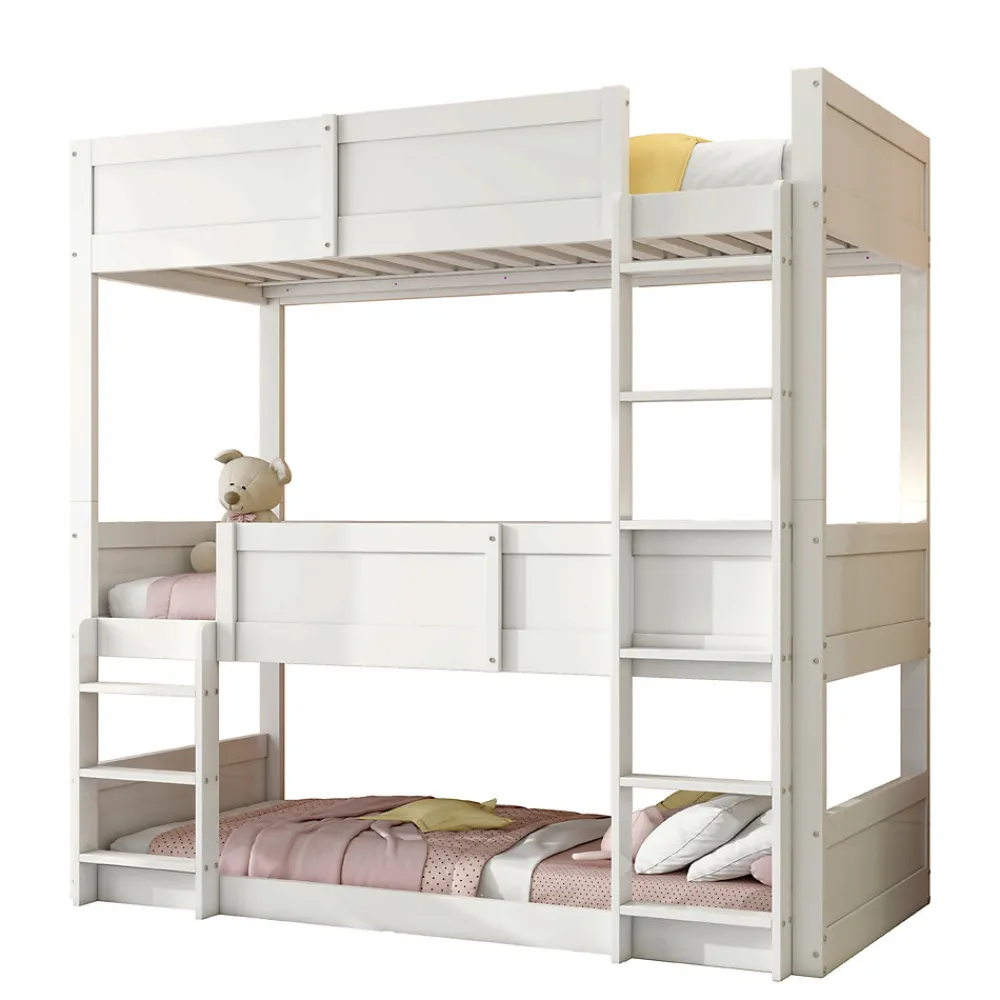 Lit superposé triple 90x200 cm avec rail haut - Transformable en 3 lits simples - Bois - Sans matelas - Blanc>Okwish Outlet