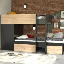 Weber Industries Lit superposé TWIN 90x190 avec armoire et tiroirs + 2 sommiers / Décor Chêne Blanchi et Noir*Enfant Lit Enfant