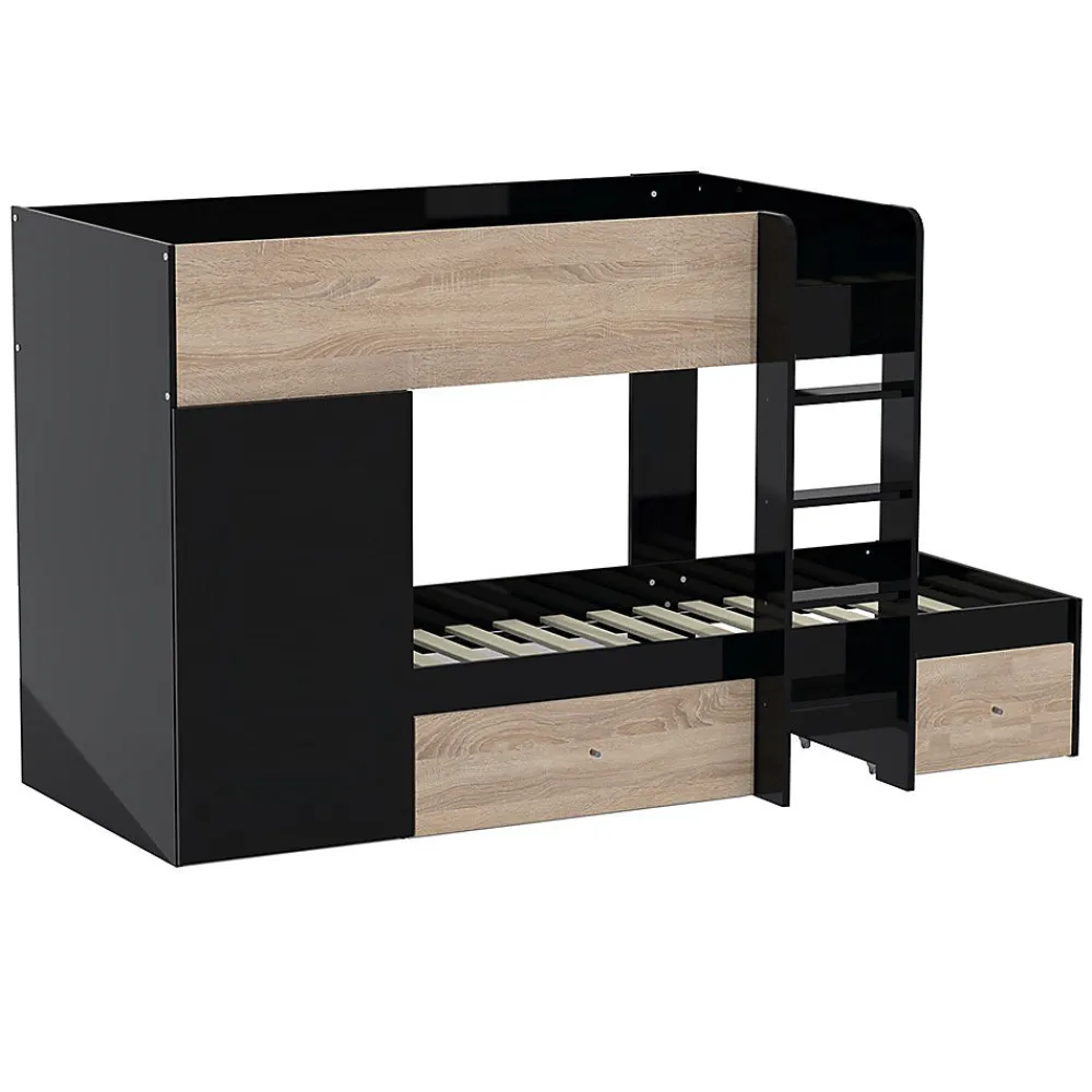 Weber Industries Lit superposé TWIN 90x190 avec armoire et tiroirs + 2 sommiers / Décor Chêne Blanchi et Noir*Enfant Lit Enfant