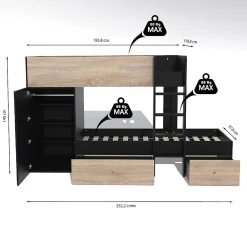 Weber Industries Lit superposé TWIN 90x190 avec armoire et tiroirs + 2 sommiers / Décor Chêne Blanchi et Noir*Enfant Lit Enfant