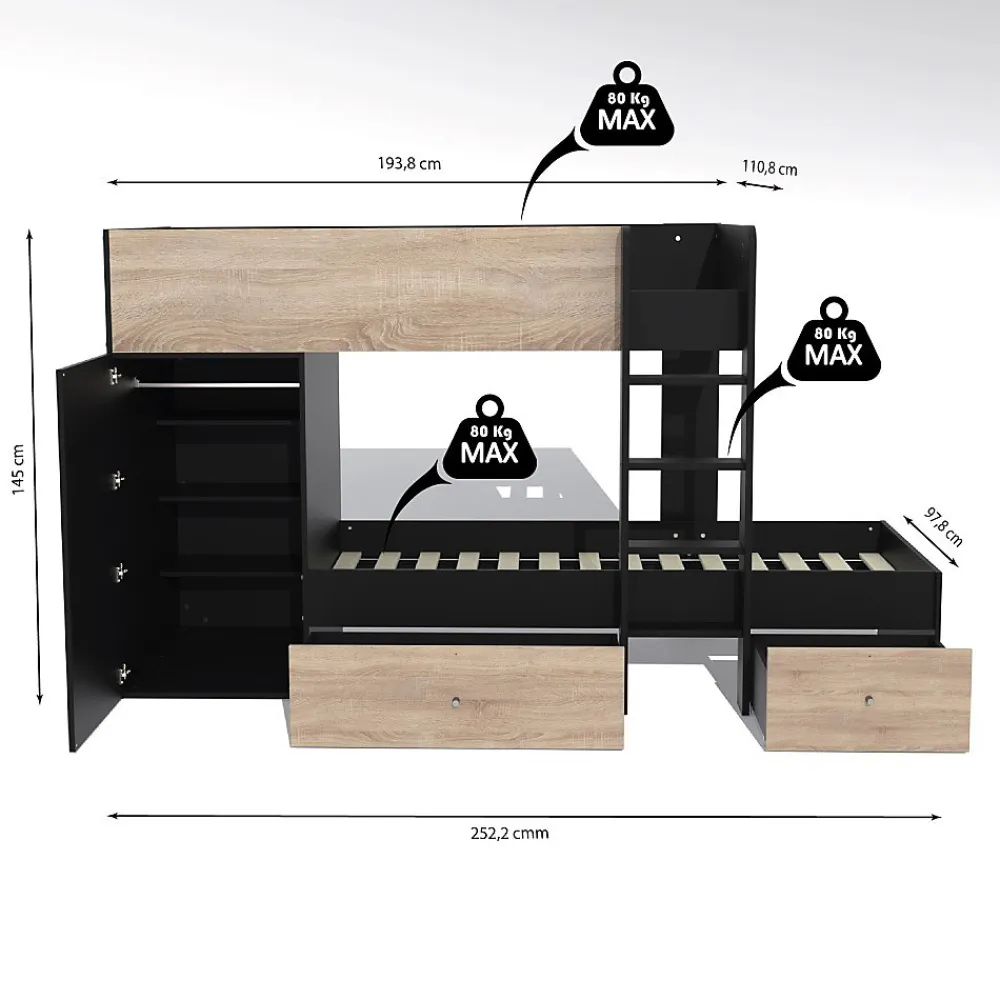 Weber Industries Lit superposé TWIN 90x190 avec armoire et tiroirs + 2 sommiers / Décor Chêne Blanchi et Noir*Enfant Lit Enfant