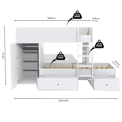 Weber Industries Lit superposé TWIN 90x190 avec armoire et tiroirs + 2 sommiers / Blanc*Enfant Lit Enfant